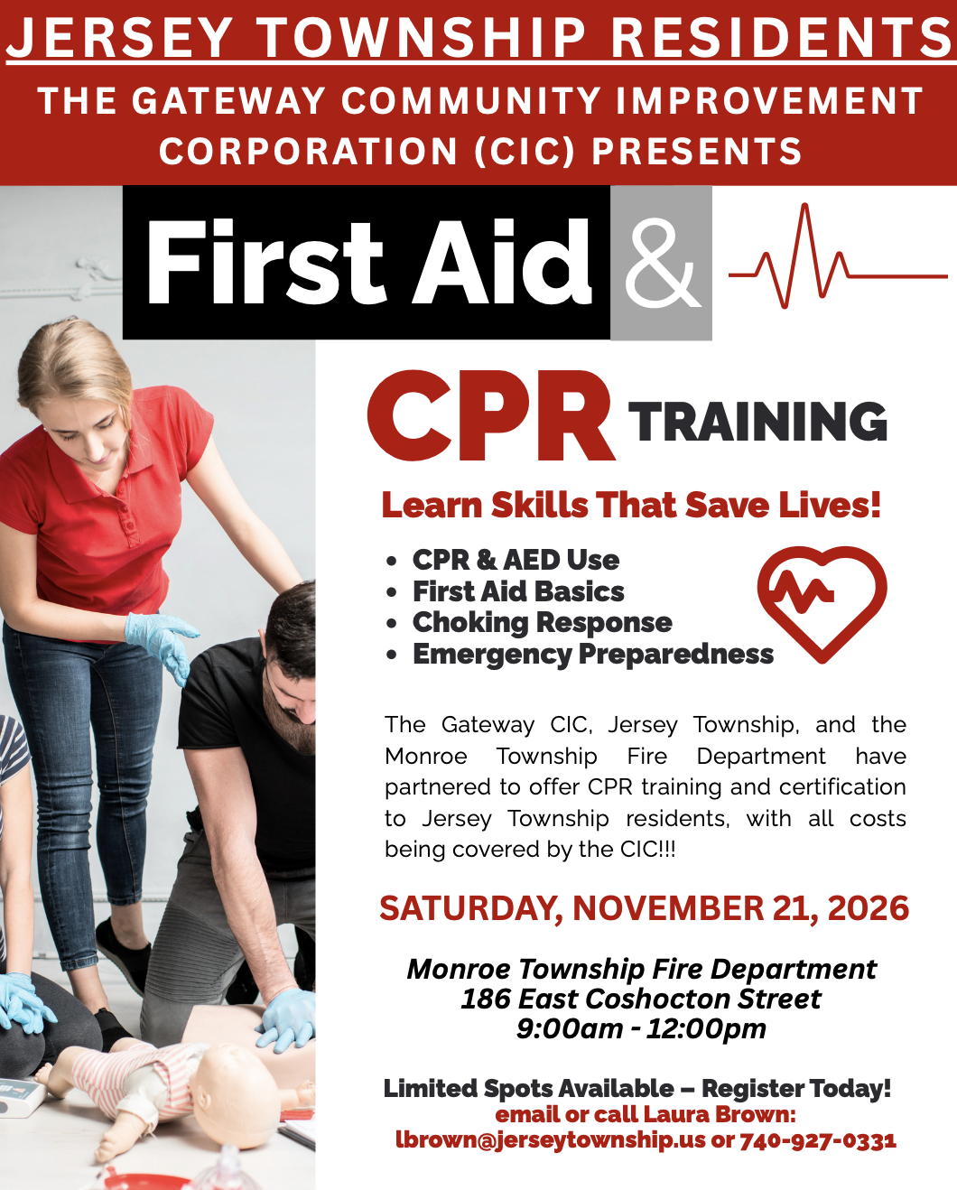 First Aid and CPR Training flyer: Saturday, November 21, 2026, 9:00am to 12:00pm at Monroe Township Fire Department, 186 East Coshocton Street. Register with Laura Brown.